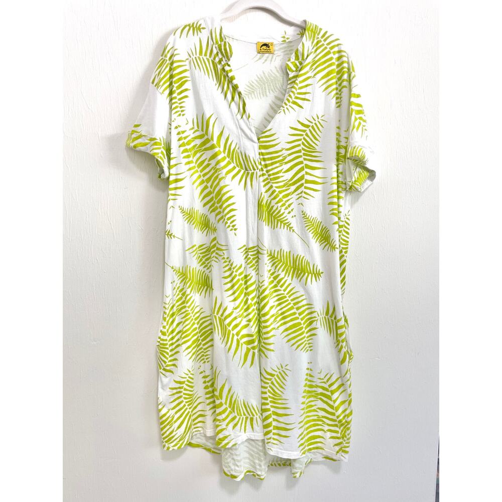 Kealopiko Womens Shirt Dress L White Green Fern Print Hawaiian Organic Cotton